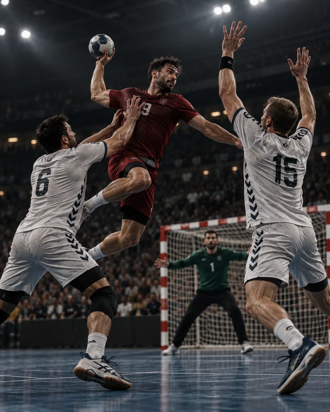Jugador de handball lanzando en salto